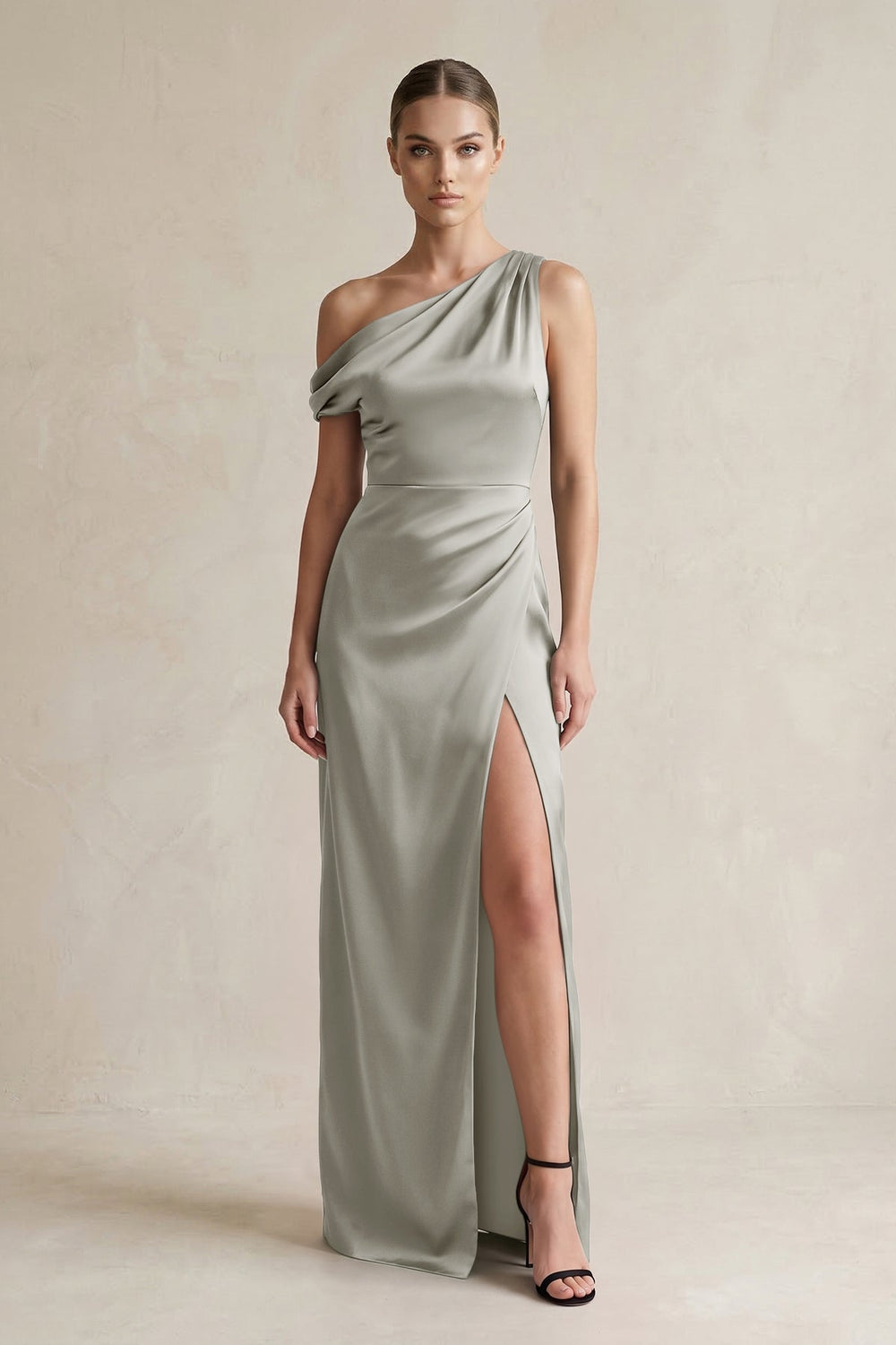 One-Shoulder Satin Sheath Bridesmaid Dress With Slit in Silver