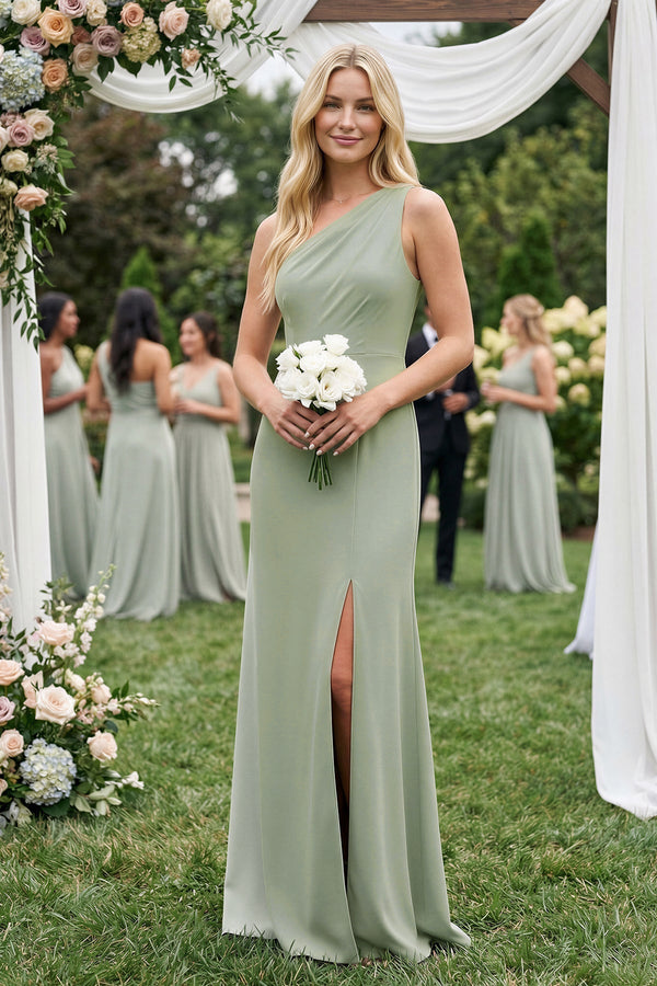 One - Shoulder Sheath Bridesmaid Dress With Slit in Dove Gray - KISS BRIDAL Bridesmaid Dresses