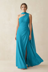 One - Shoulder Sheath Chiffon Bridesmaid Dress with Ribbon in Blue Jay - KISS BRIDAL Bridesmaid Dresses