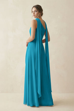 One - Shoulder Sheath Chiffon Bridesmaid Dress with Ribbon in Blue Jay - KISS BRIDAL Bridesmaid Dresses