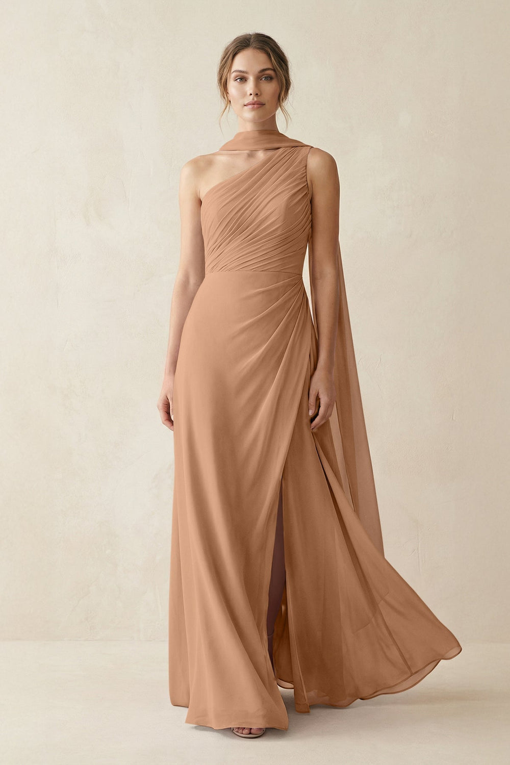 One-Shoulder Sheath Chiffon Bridesmaid Dress with Ribbon in Bronzer