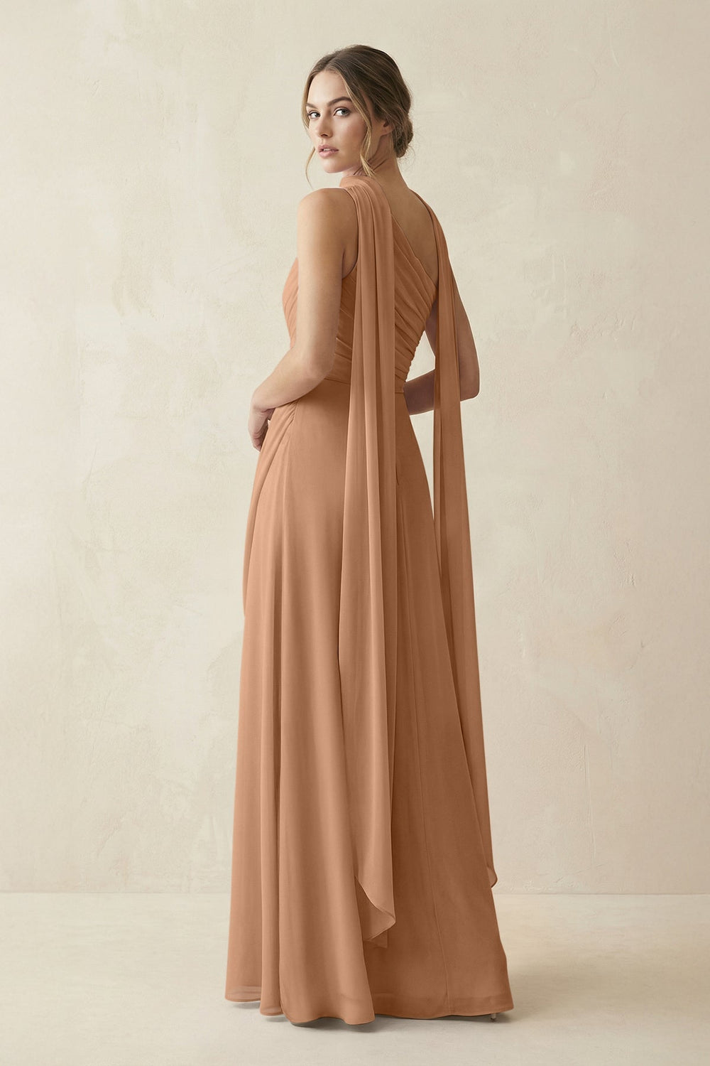 One-Shoulder Sheath Chiffon Bridesmaid Dress with Ribbon in Bronzer
