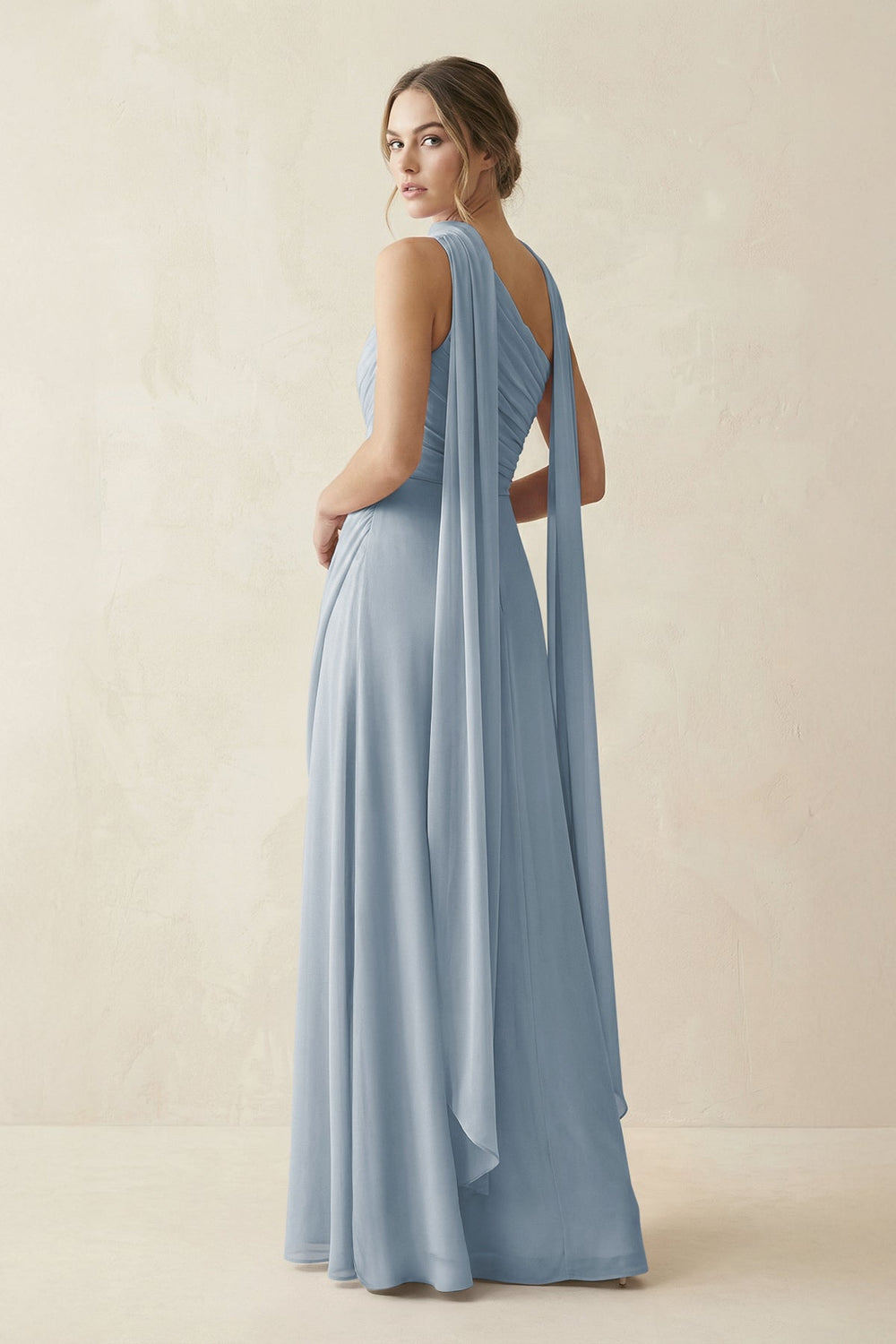 One-Shoulder Sheath Chiffon Bridesmaid Dress with Ribbon in Dusty Blue