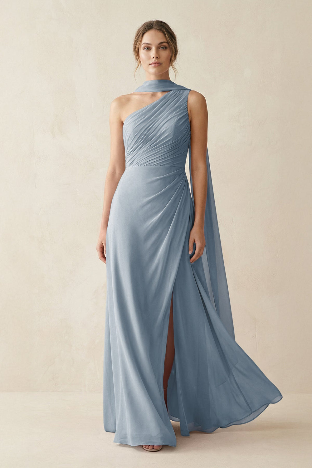 One-Shoulder Sheath Chiffon Bridesmaid Dress with Ribbon in Dusty Blue