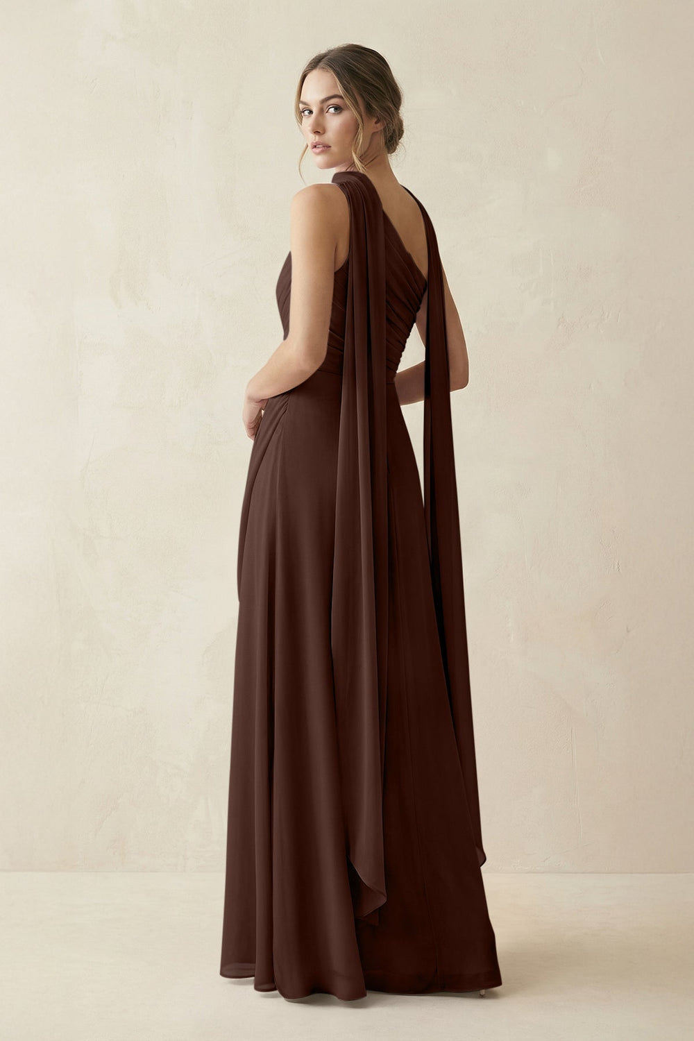 One-Shoulder Sheath Chiffon Bridesmaid Dress with Ribbon in Espresso
