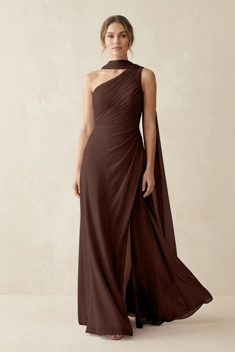 One-Shoulder Sheath Chiffon Bridesmaid Dress with Ribbon in Espresso