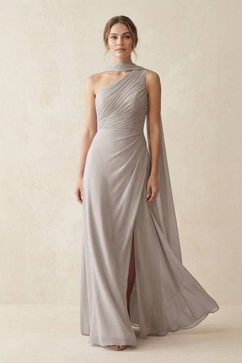 One-Shoulder Sheath Chiffon Bridesmaid Dress with Ribbon in Frost | KISSBRIDAL