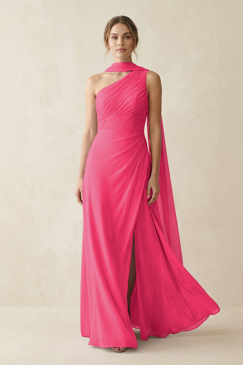 One-Shoulder Sheath Chiffon Bridesmaid Dress with Ribbon in Fuchsia | KISSBRIDAL