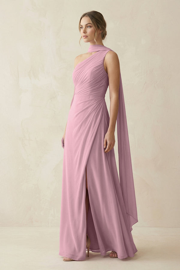 One-Shoulder Sheath Chiffon Bridesmaid Dress with Ribbon in Vintage Mauve (3) | KISSBRIDAL
