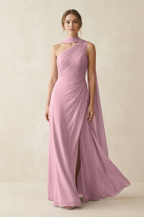 One-Shoulder Sheath Chiffon Bridesmaid Dress with Ribbon in Vintage Mauve | KISSBRIDAL