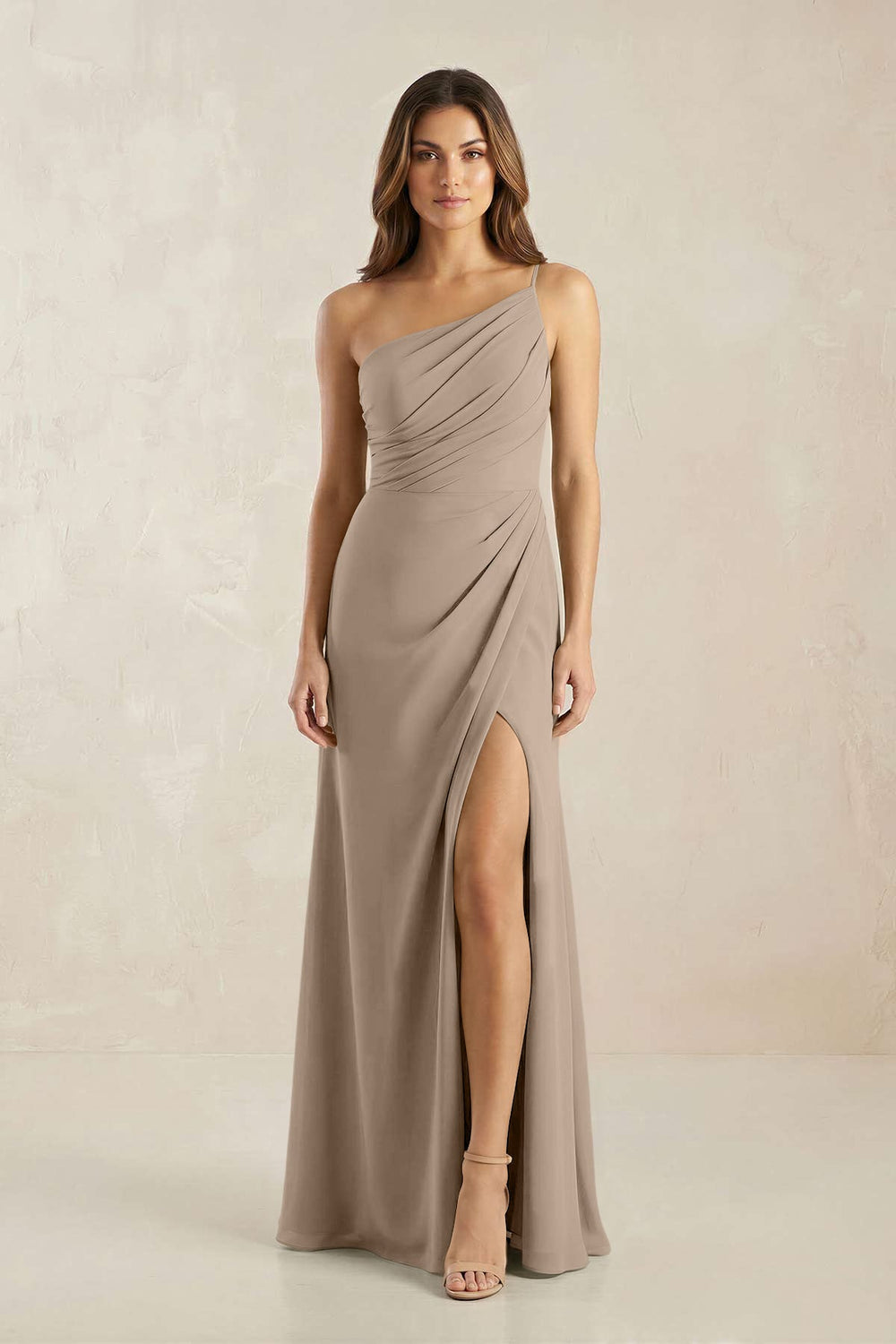 One-Shoulder Sheath Chiffon Ruched Bridesmaid Dress in Almond