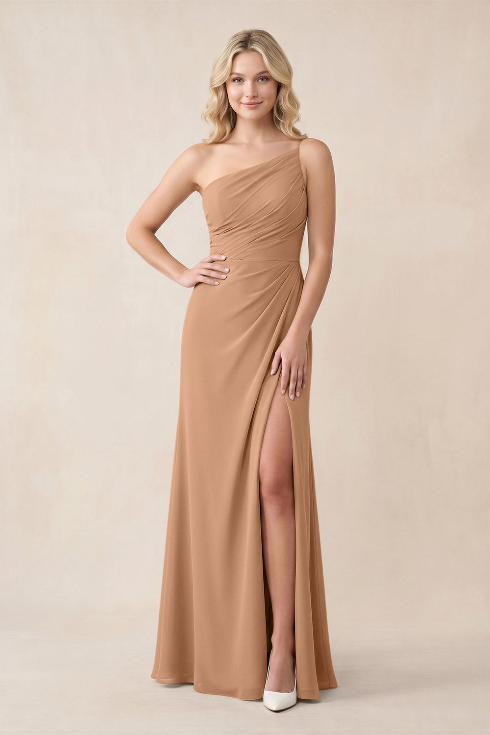 One-Shoulder Sheath Chiffon Ruched Bridesmaid Dress in Bronzer