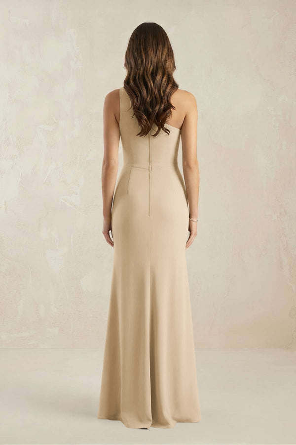 One-Shoulder Sheath Chiffon Ruched Bridesmaid Dress in Champagne (2) | KISSBRIDAL