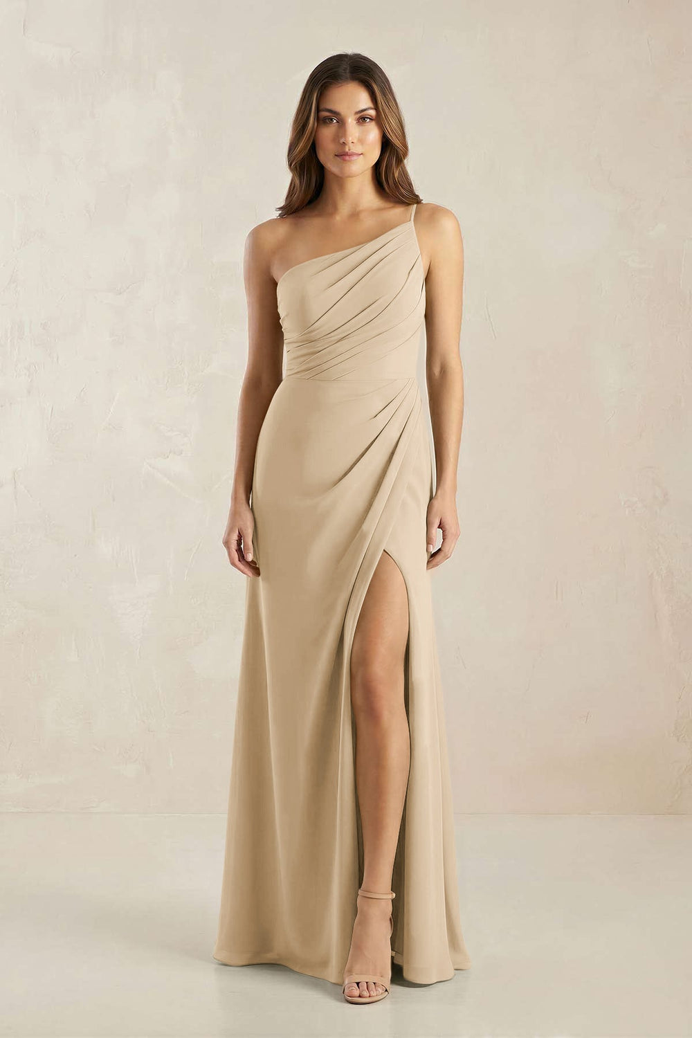 One-Shoulder Sheath Chiffon Ruched Bridesmaid Dress in Champagne