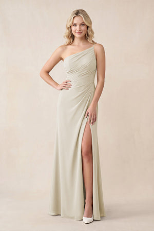 One - Shoulder Sheath Chiffon Ruched Bridesmaid Dress in Dove Gray - KISS BRIDAL Bridesmaid Dresses