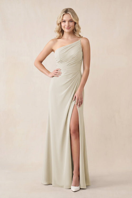 One - Shoulder Sheath Chiffon Ruched Bridesmaid Dress in Dove Gray - KISS BRIDAL Bridesmaid Dresses