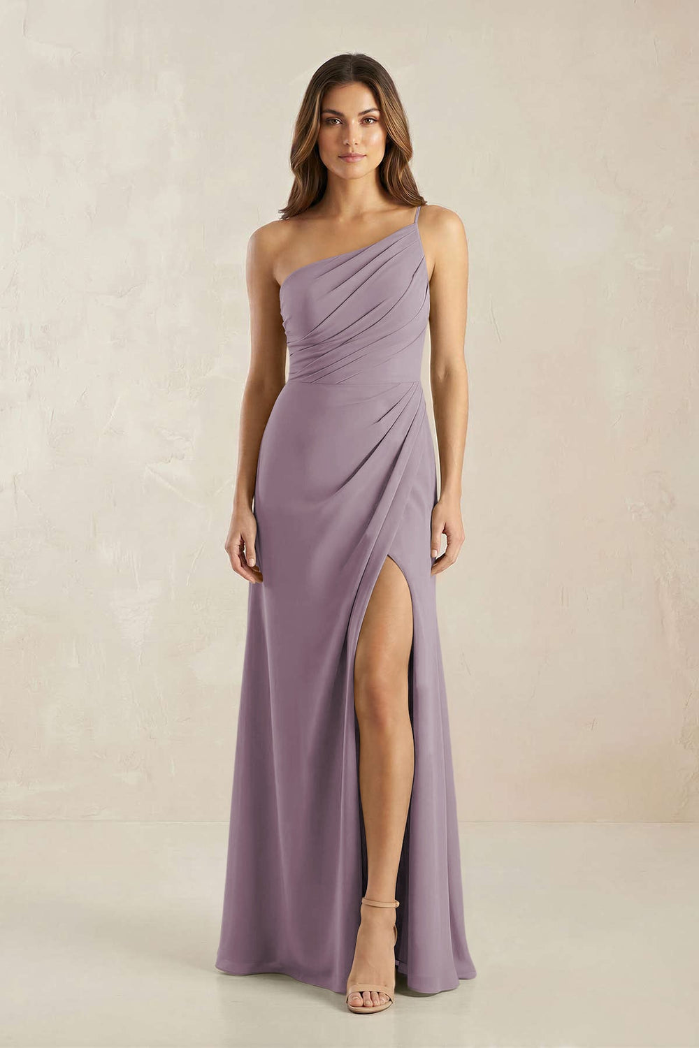 One-Shoulder Sheath Chiffon Ruched Bridesmaid Dress in Dusk
