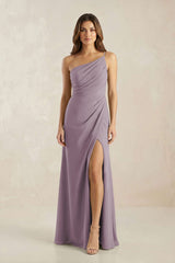 One-Shoulder Sheath Chiffon Ruched Bridesmaid Dress in Dusk | KISSBRIDAL