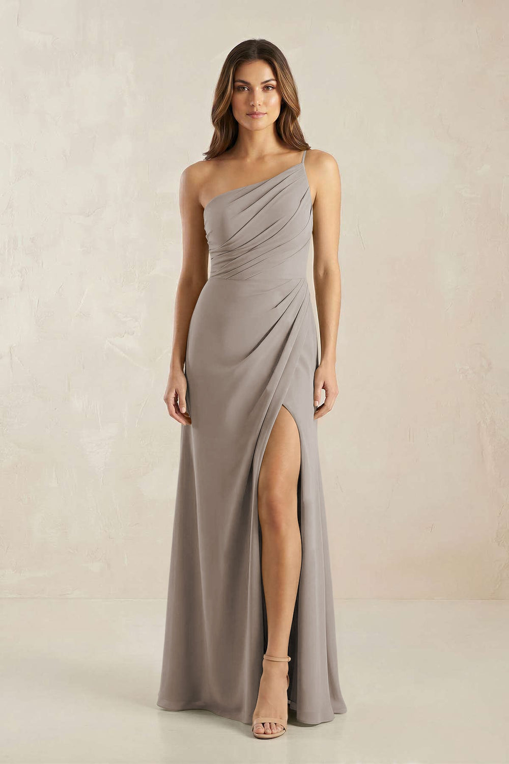 One-Shoulder Sheath Chiffon Ruched Bridesmaid Dress in Frost