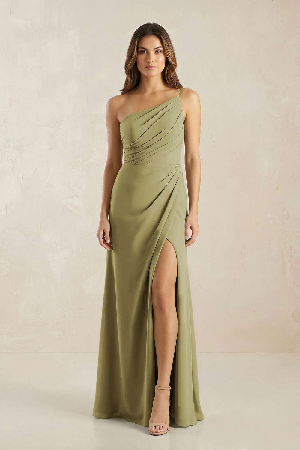 One-Shoulder Sheath Chiffon Ruched Bridesmaid Dress in Moss Green
