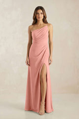 One-Shoulder Sheath Chiffon Ruched Bridesmaid Dress in Rosette | KISSBRIDAL