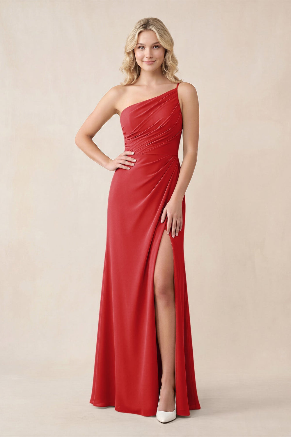 One-Shoulder Sheath Chiffon Ruched Bridesmaid Dress in Ruby Red