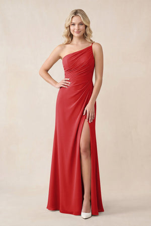 One - Shoulder Sheath Chiffon Ruched Bridesmaid Dress in Ruby Red - KISS BRIDAL Bridesmaid Dresses
