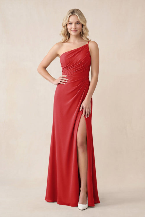 One - Shoulder Sheath Chiffon Ruched Bridesmaid Dress in Ruby Red - KISS BRIDAL Bridesmaid Dresses