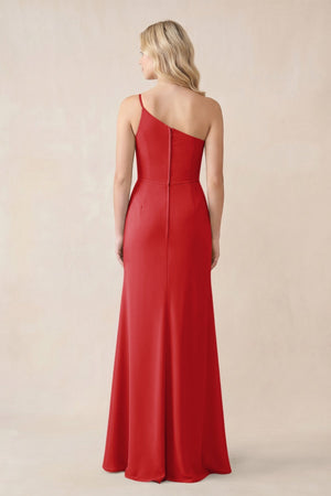 One - Shoulder Sheath Chiffon Ruched Bridesmaid Dress in Ruby Red - KISS BRIDAL Bridesmaid Dresses