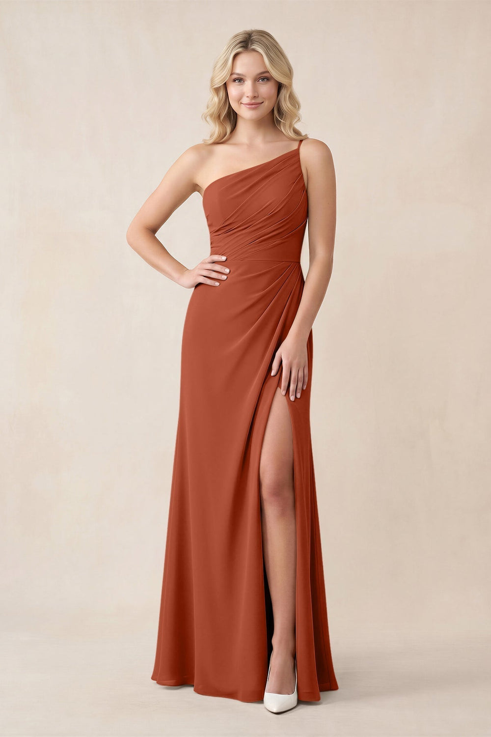 One-Shoulder Sheath Chiffon Ruched Bridesmaid Dress in Spice