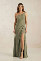 One-Shoulder Sheath Chiffon Ruched Bridesmaid Dress in Thyme | KISSBRIDAL