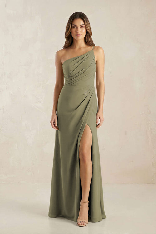 One-Shoulder Sheath Chiffon Ruched Bridesmaid Dress in Thyme | KISSBRIDAL
