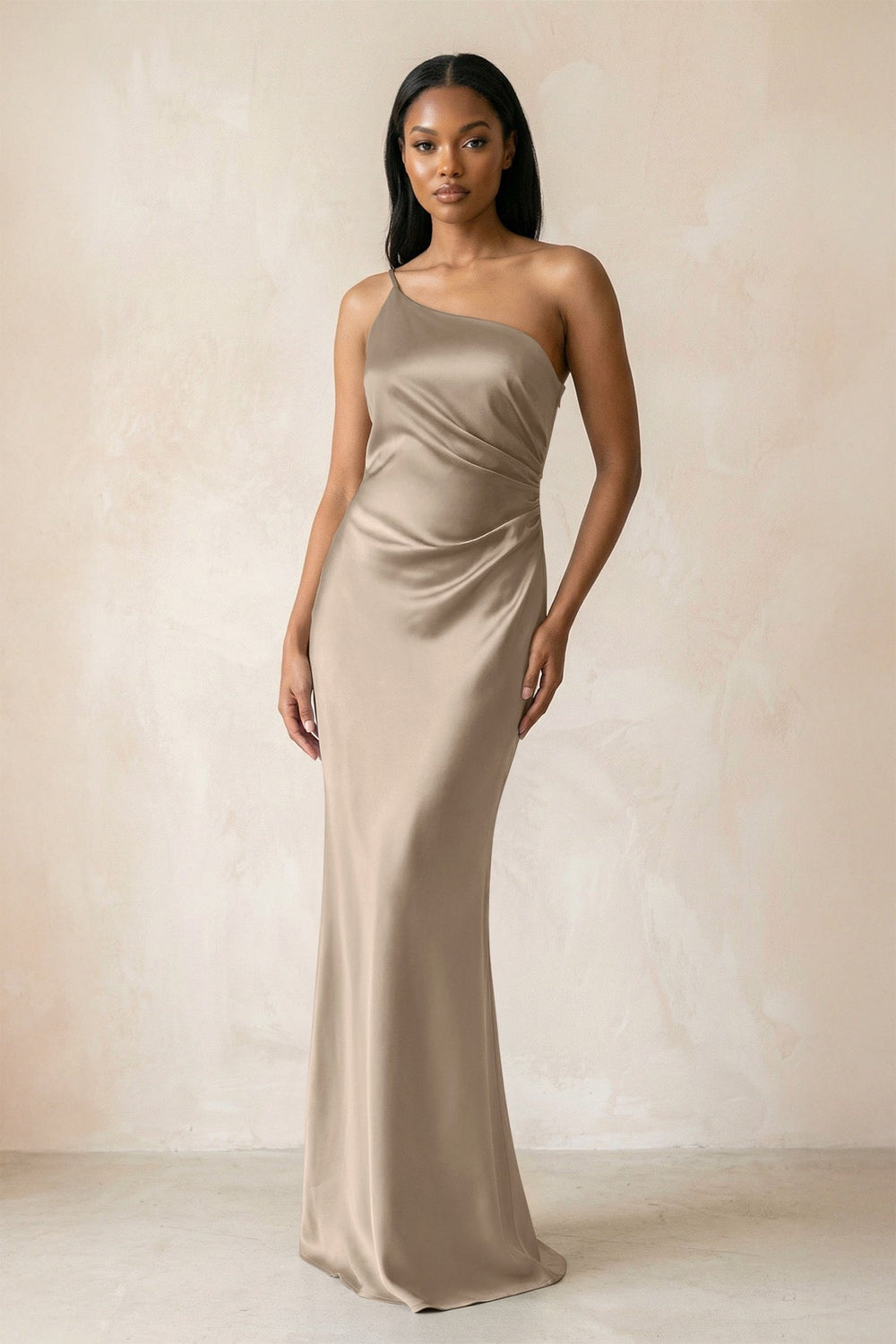 One-Shoulder Sheath Ruched Bridesmaid Dress in Almond