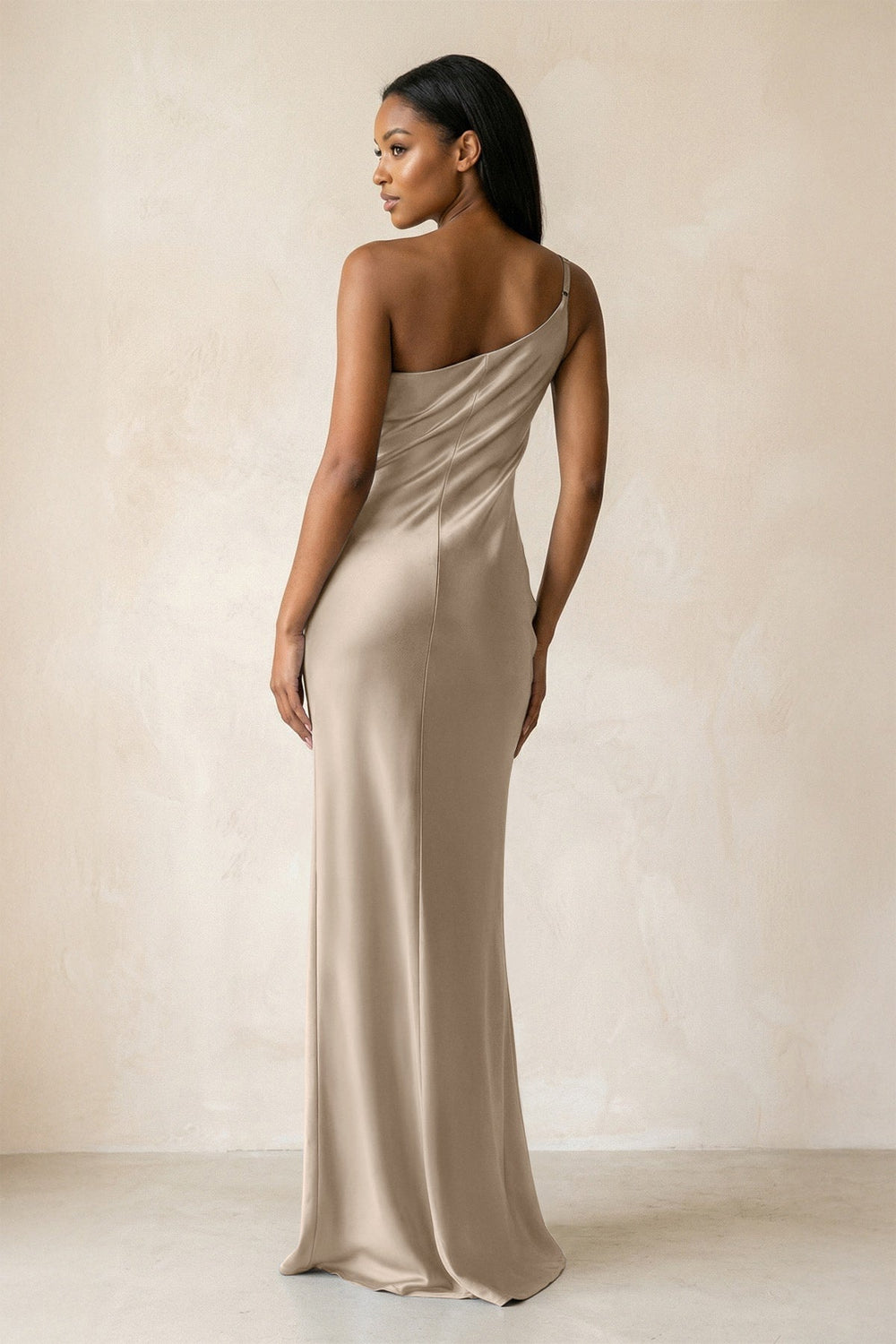 One-Shoulder Sheath Ruched Bridesmaid Dress in Almond