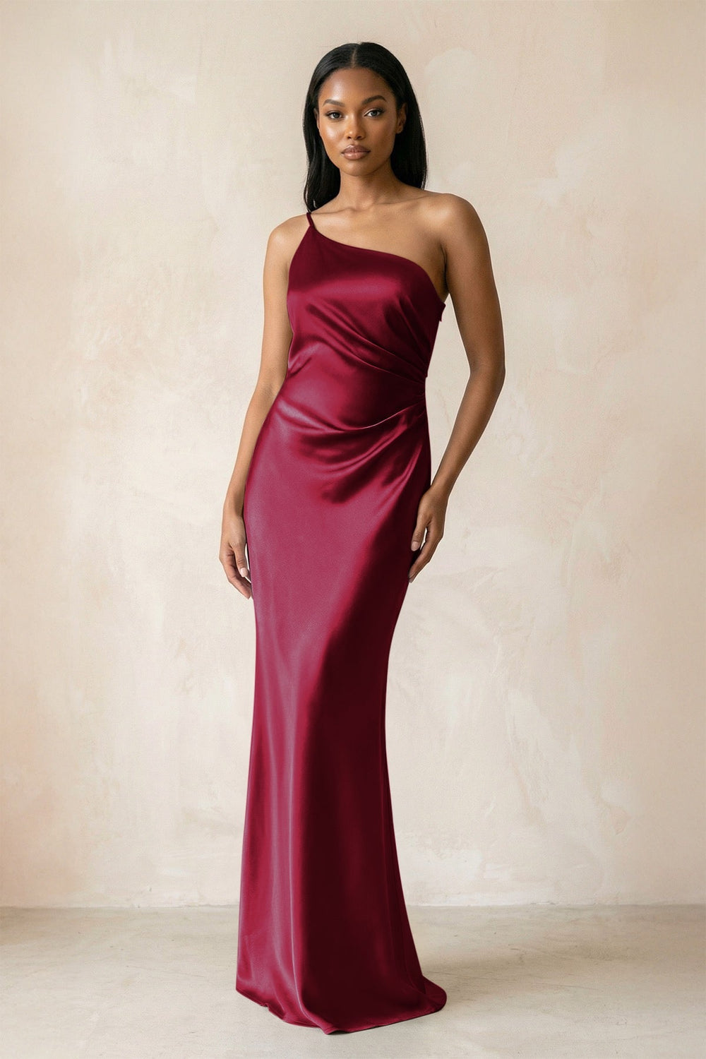 One-Shoulder Sheath Ruched Bridesmaid Dress in Berry
