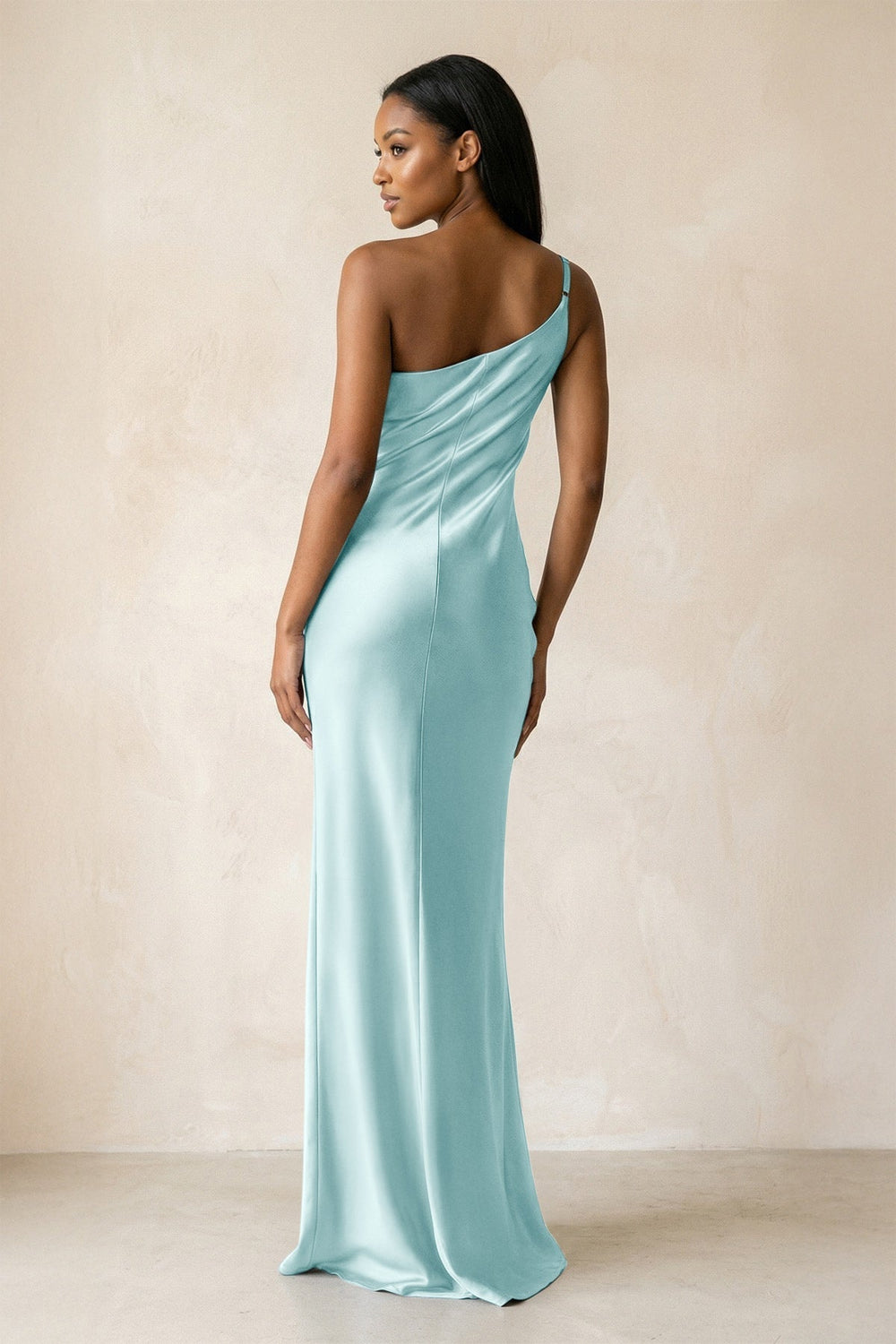 One-Shoulder Sheath Ruched Bridesmaid Dress in Bleached Aqua