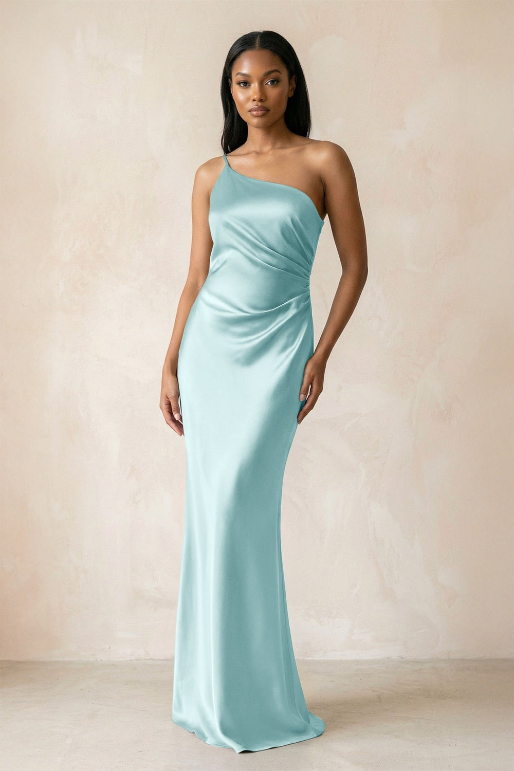 One-Shoulder Sheath Ruched Bridesmaid Dress in Bleached Aqua