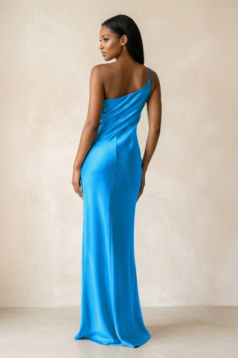 One-Shoulder Sheath Ruched Bridesmaid Dress in Blue Jay