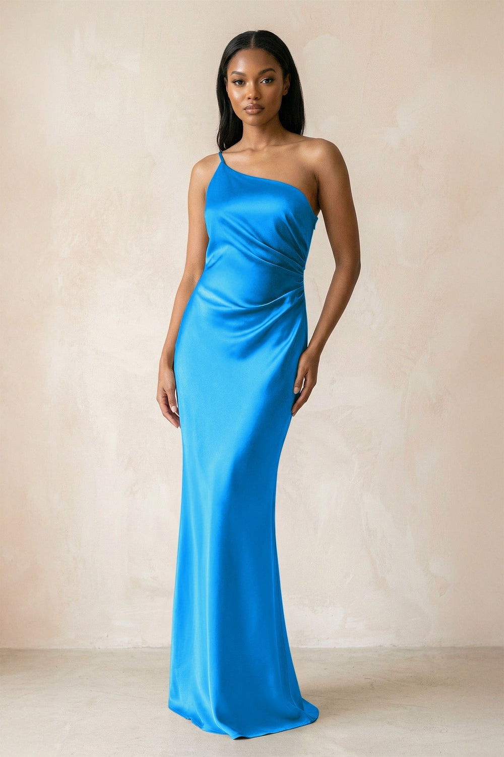 One-Shoulder Sheath Ruched Bridesmaid Dress in Blue Jay