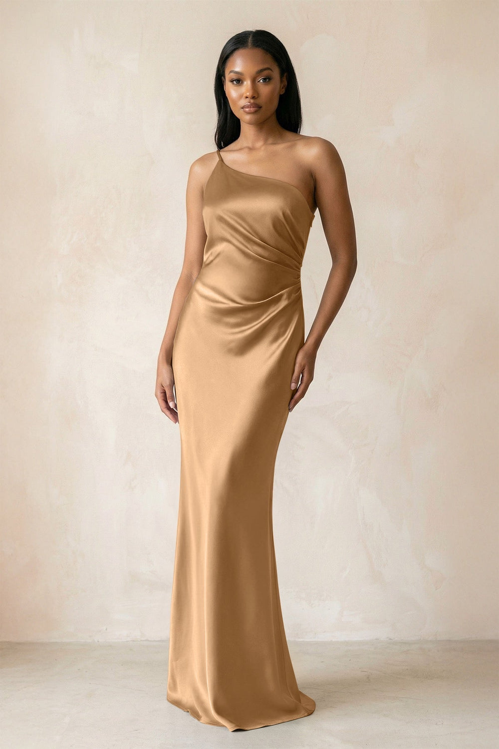 One-Shoulder Sheath Ruched Bridesmaid Dress in Bronzer