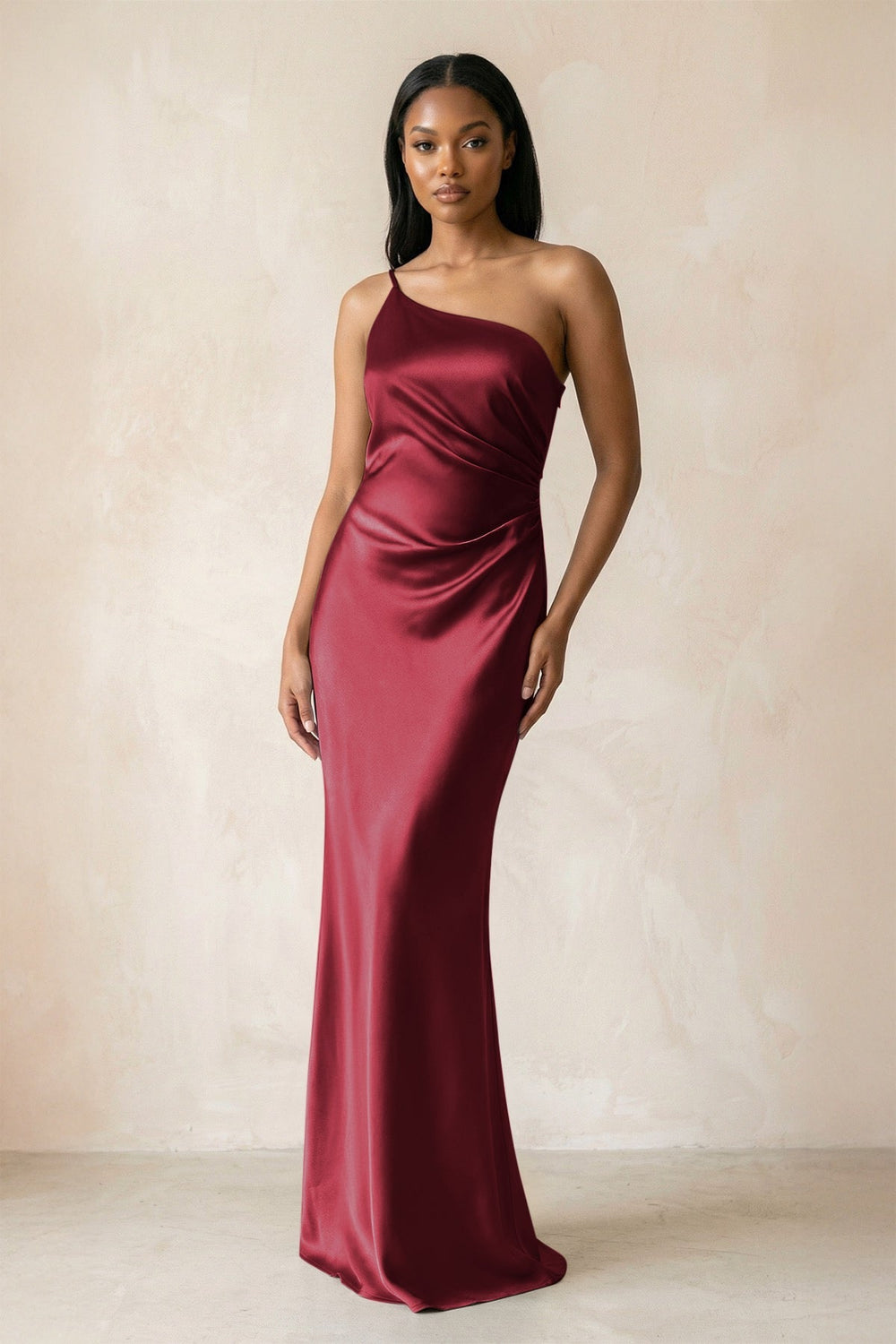 One-Shoulder Sheath Ruched Bridesmaid Dress in Burgundy