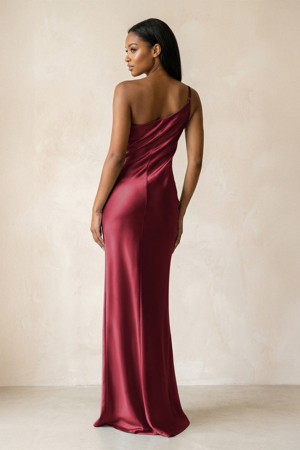 One-Shoulder Sheath Ruched Bridesmaid Dress in Burgundy