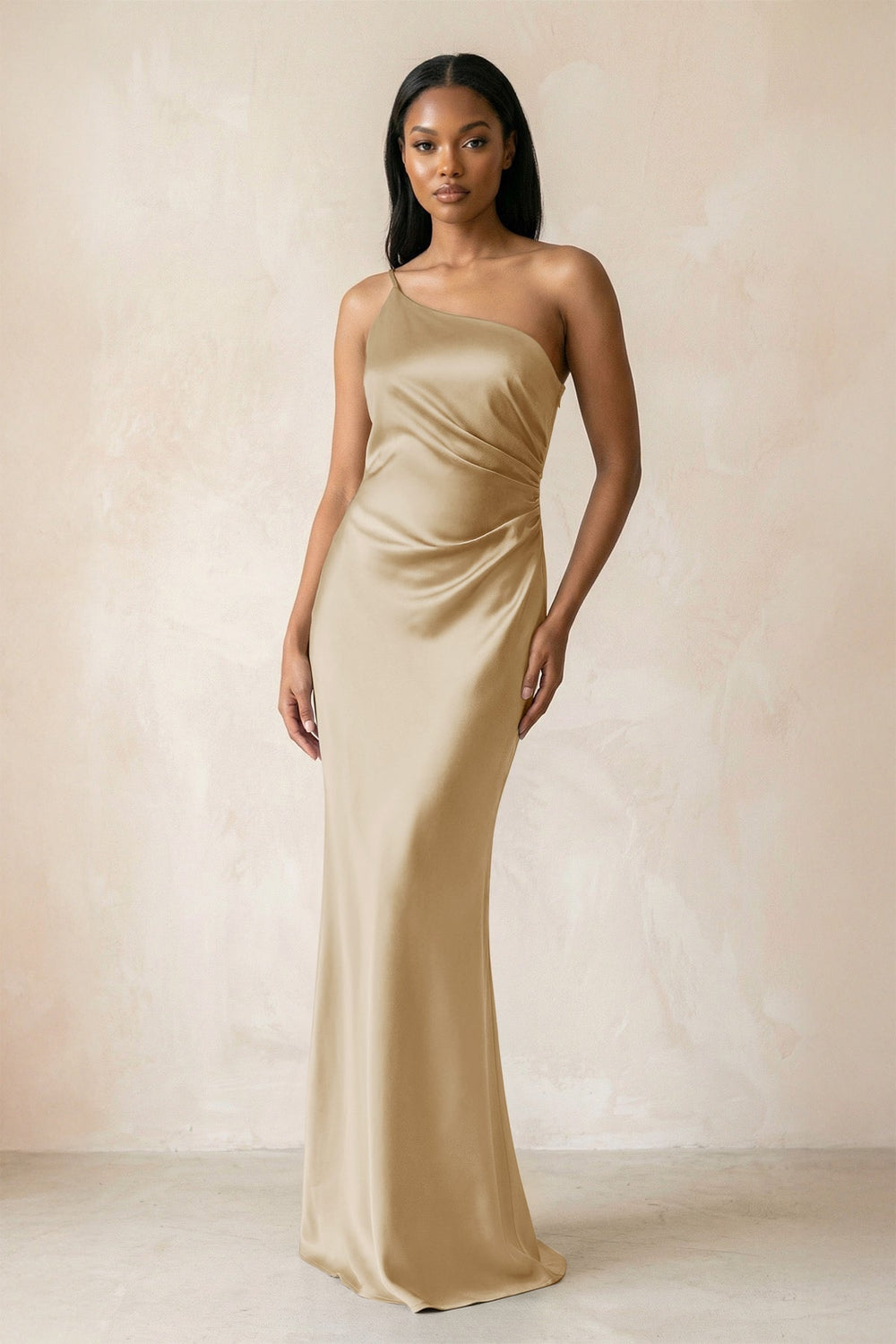 One-Shoulder Sheath Ruched Bridesmaid Dress in Champagne