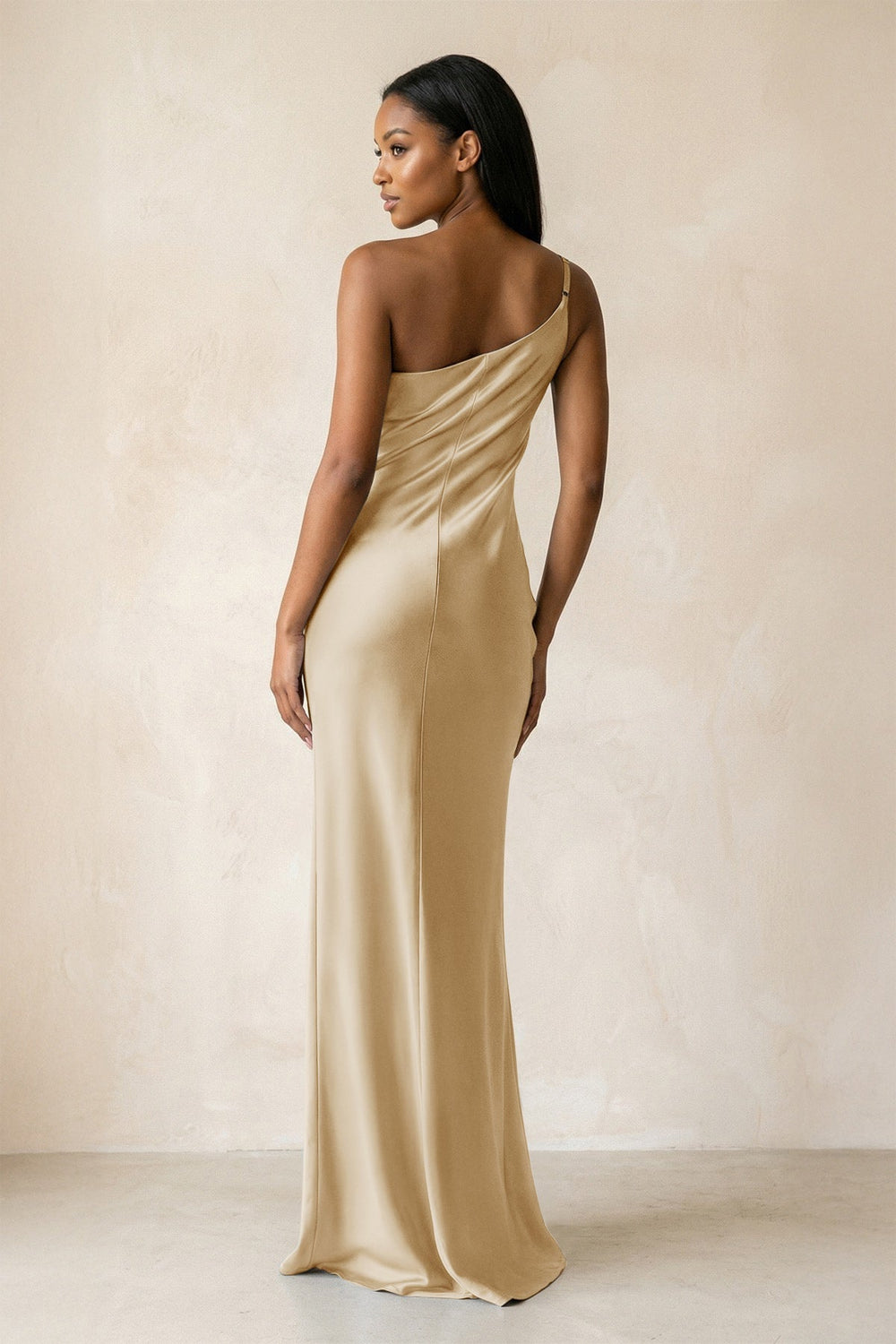 One-Shoulder Sheath Ruched Bridesmaid Dress in Champagne