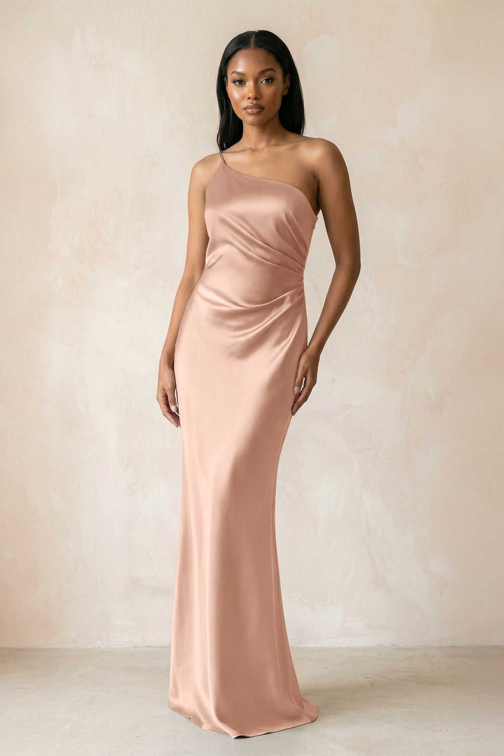 One-Shoulder Sheath Ruched Bridesmaid Dress in Champagne Rose