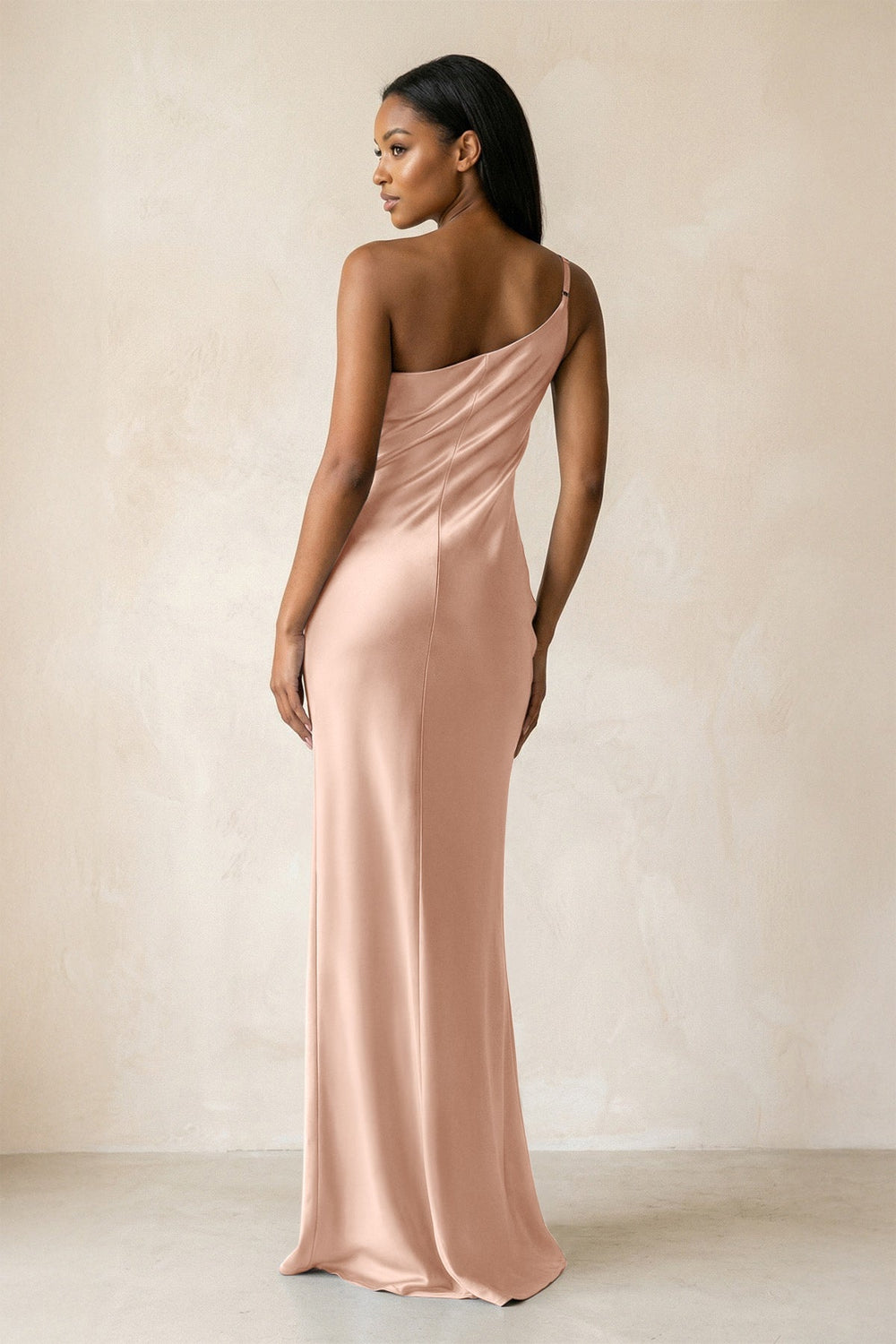 One-Shoulder Sheath Ruched Bridesmaid Dress in Champagne Rose