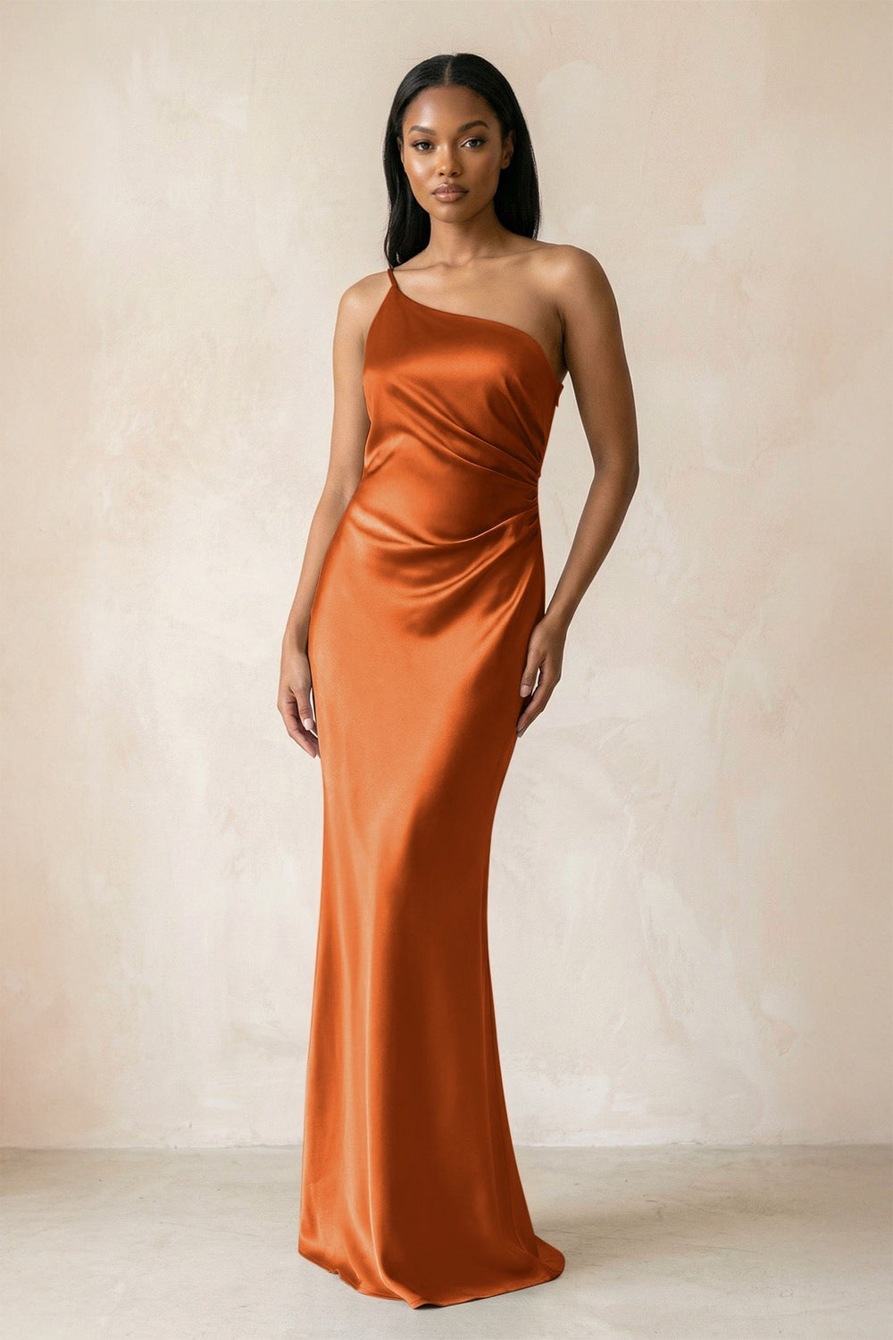 One-Shoulder Sheath Ruched Bridesmaid Dress in Cinnamon