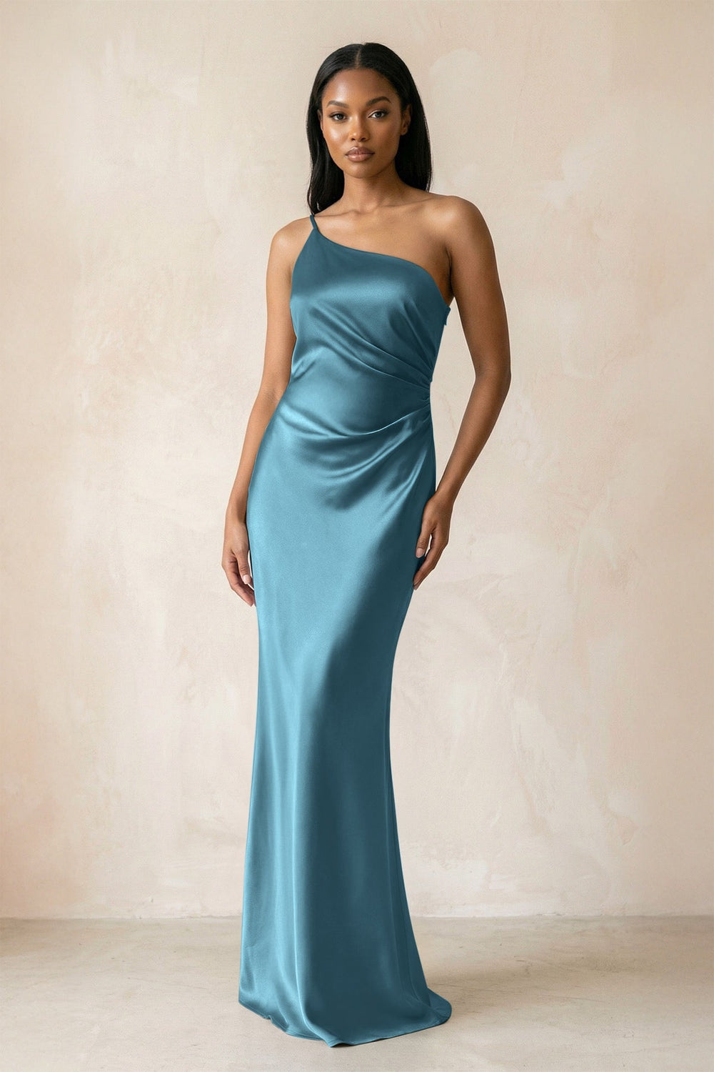 One-Shoulder Sheath Ruched Bridesmaid Dress in Dark Teal