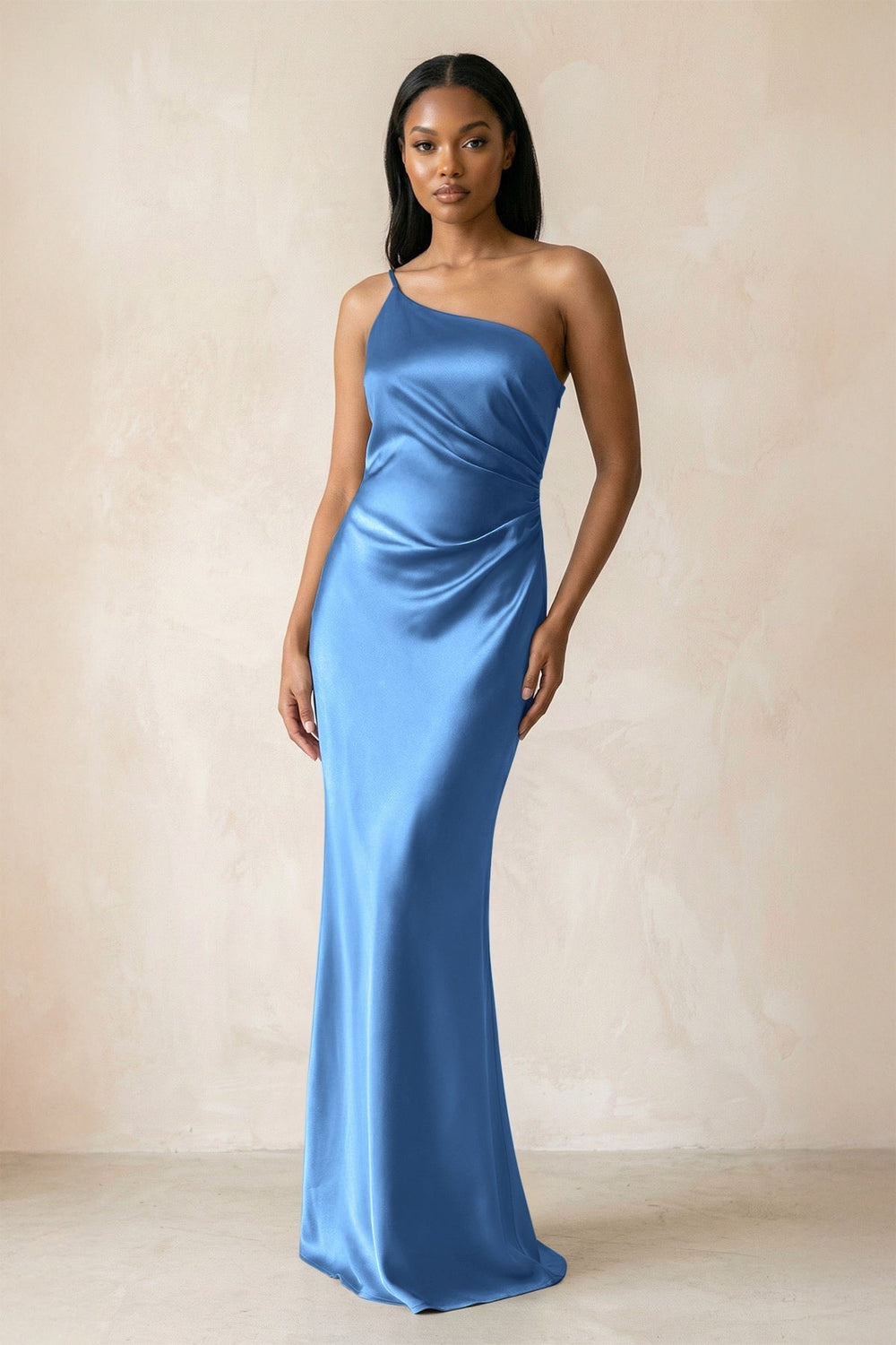One-Shoulder Sheath Ruched Bridesmaid Dress in Dusty Blue