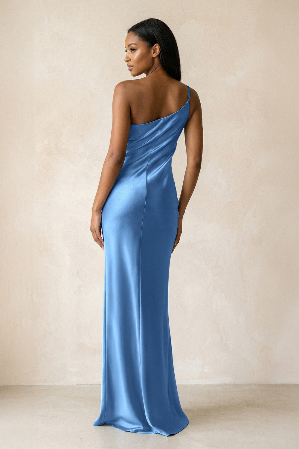 One-Shoulder Sheath Ruched Bridesmaid Dress in Dusty Blue